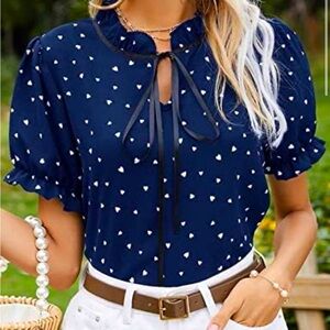 Casual Bow Tie Neck Chiffon Shirt Ruffle Heart Print Shirt Blouse Top
